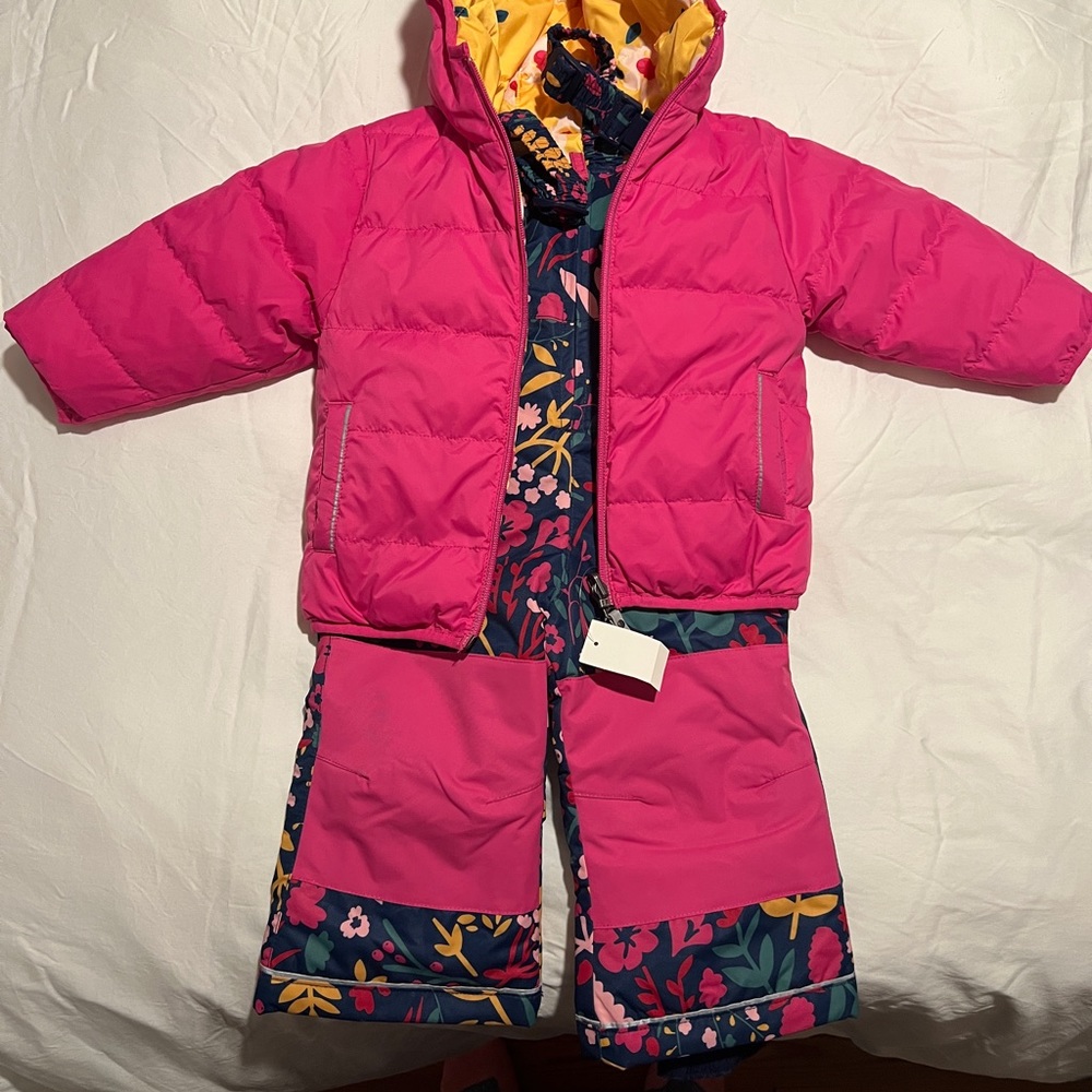 Hanna Andersson winter coat with snow bibs. Pink /yellow flowers reversible